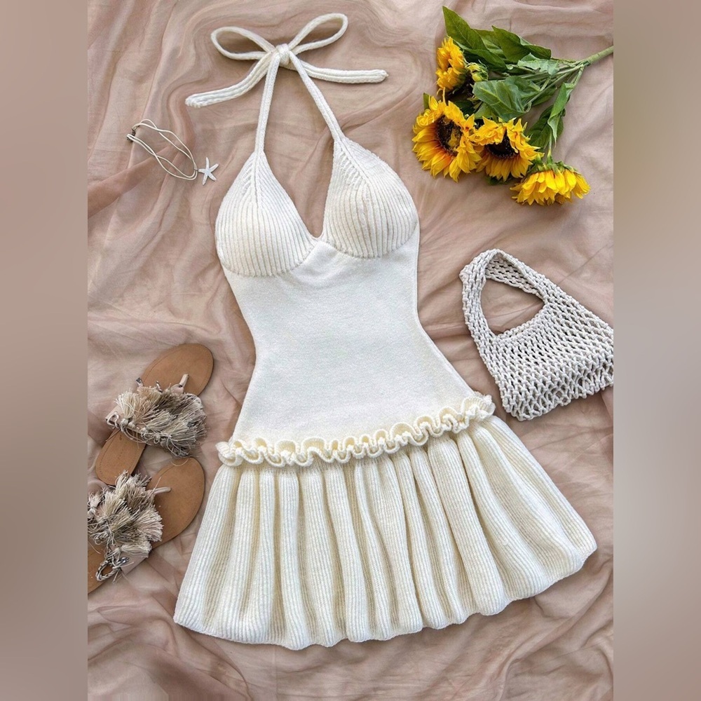 Halter Neck Ruffle Hem Knit Sweater Dress